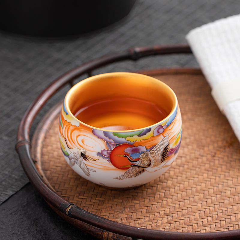 colorful cranes golden tenmoku ware tea cups