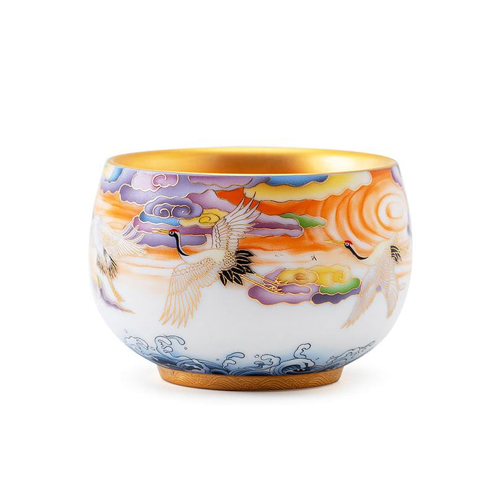 colorful cranes golden tenmoku ware tea cups