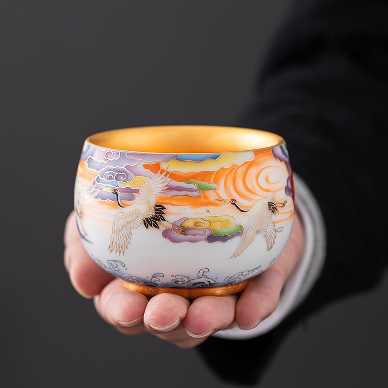 colorful cranes golden tenmoku ware tea cups