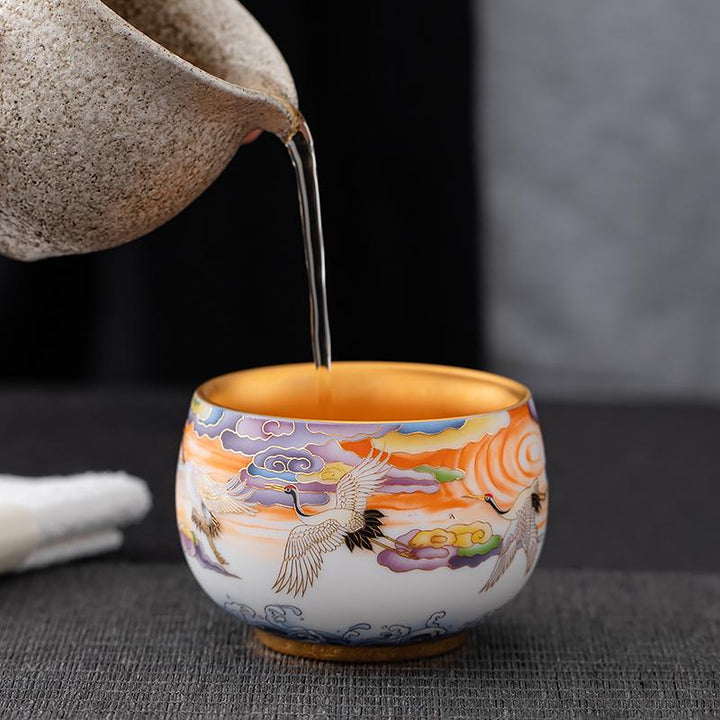 colorful cranes golden tenmoku ware tea cups