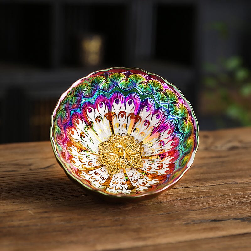 vivid peacock tenmoku ware tea cup