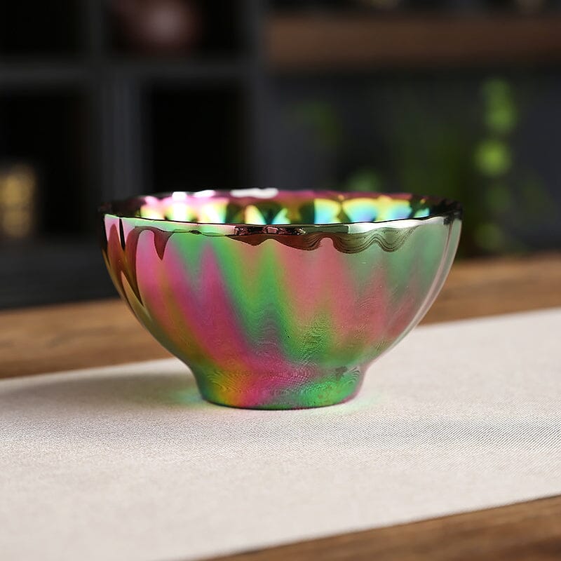 vivid peacock tenmoku ware tea cup