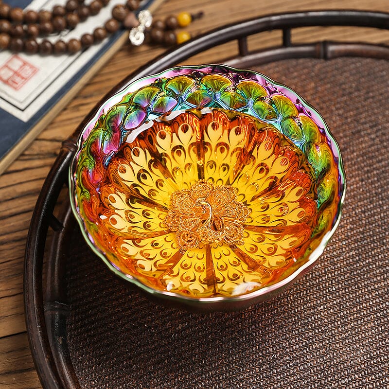 vivid peacock tenmoku ware tea cup