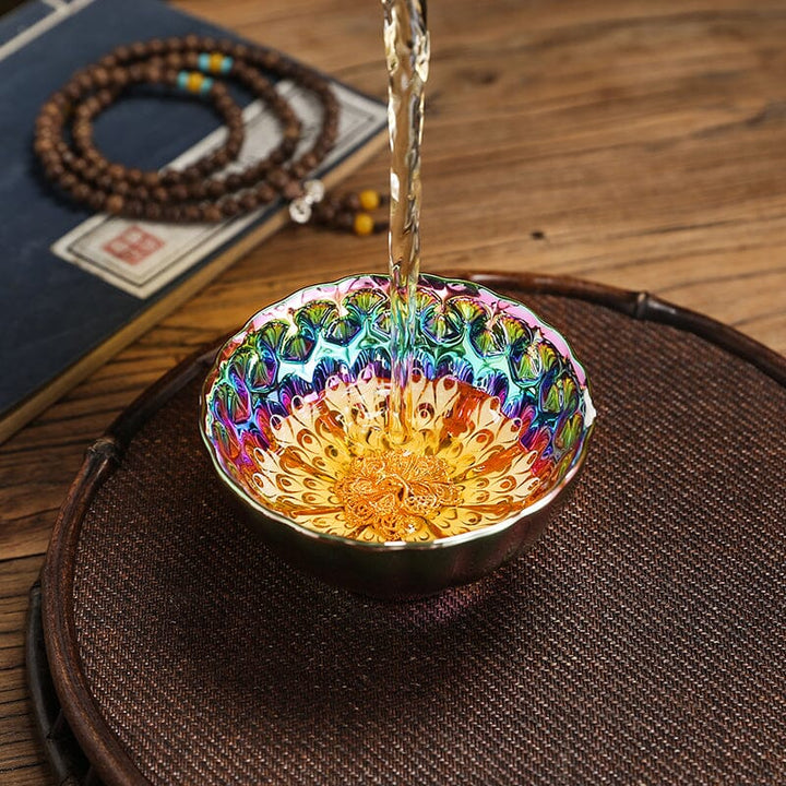 vivid peacock tenmoku ware tea cup