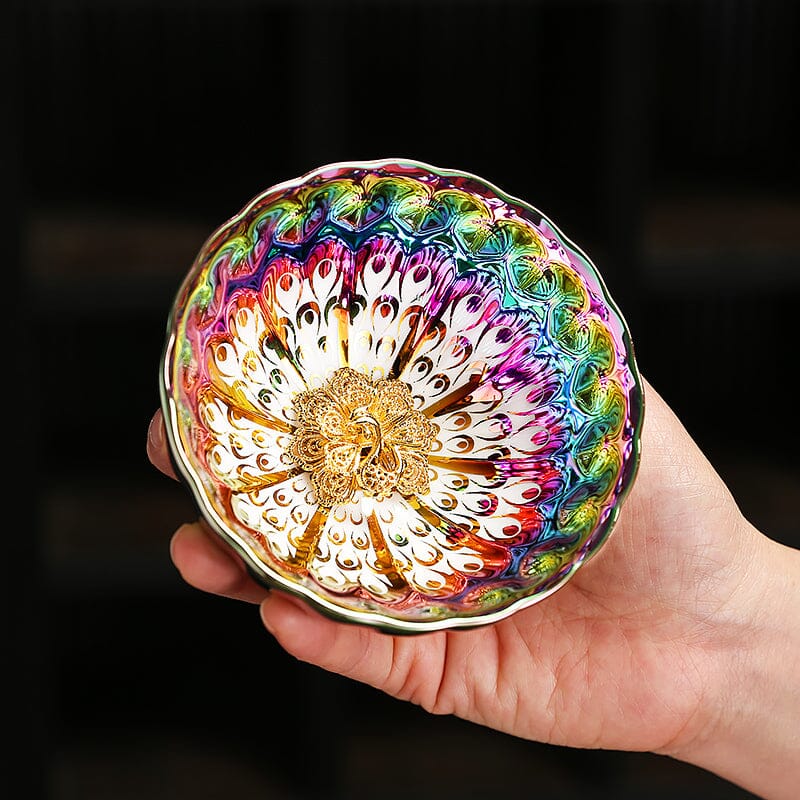 vivid peacock tenmoku ware tea cup